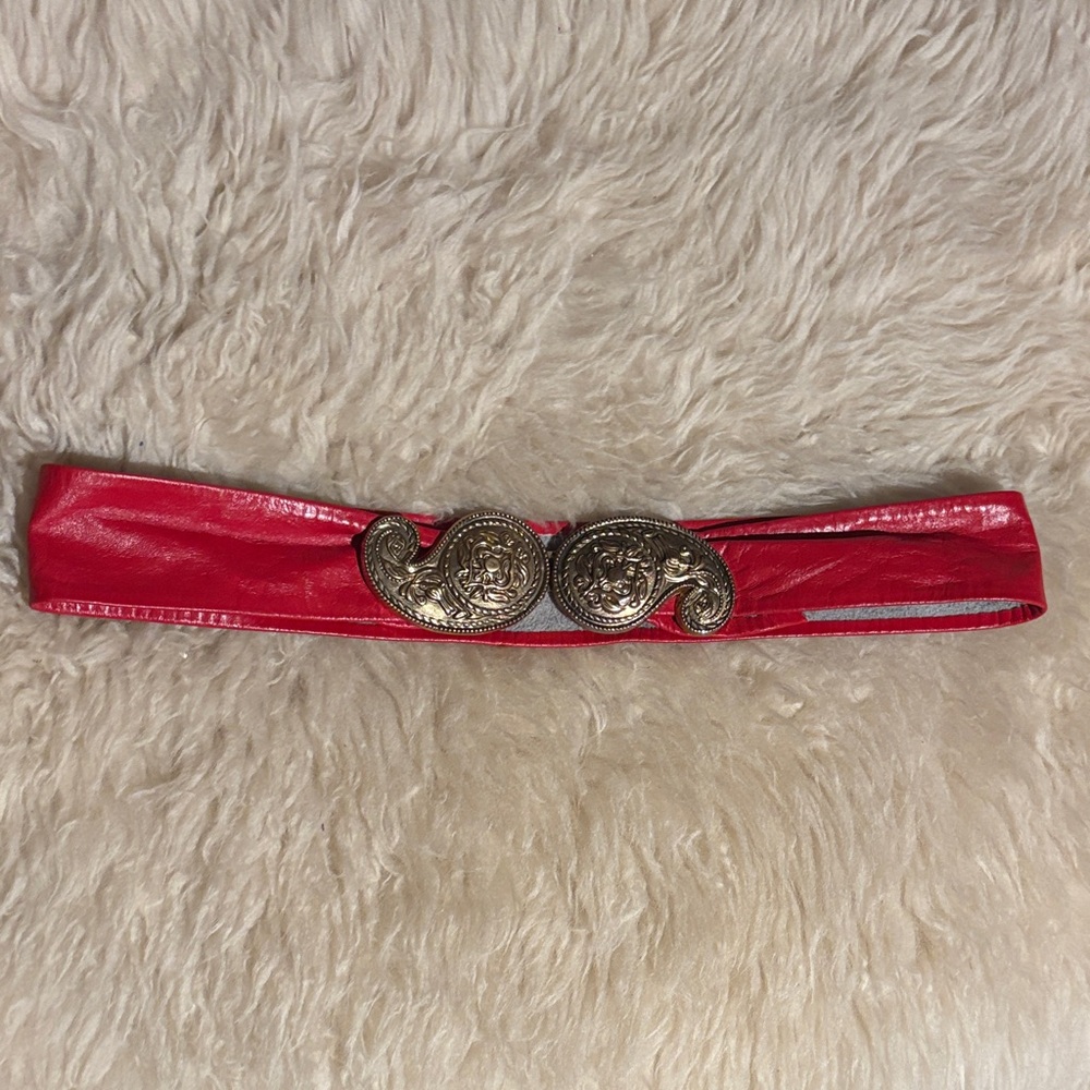 Vintage Red Leather Belt with Paisley Buckle